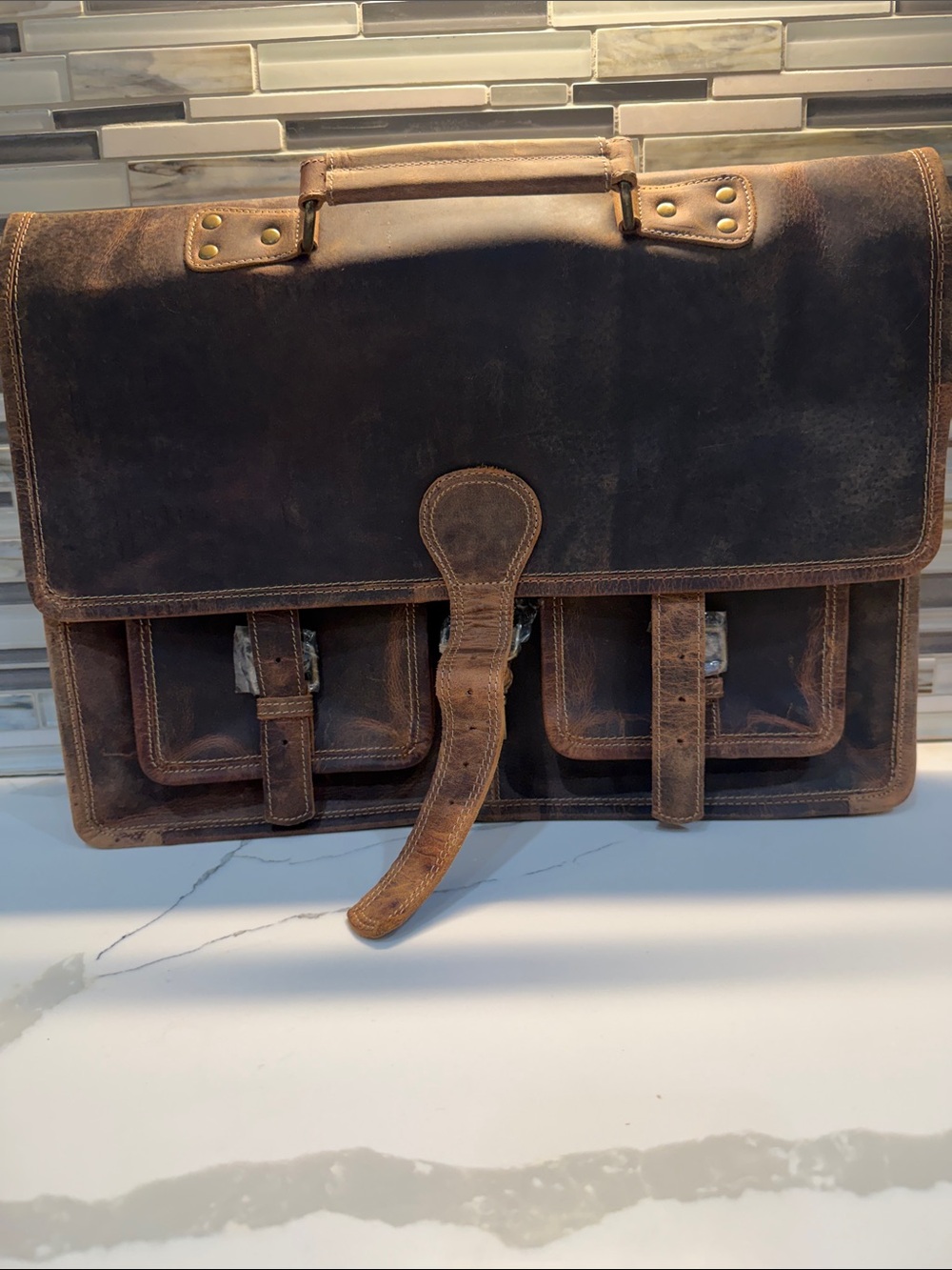 Vintage-Style Brown Leather Men's Briefcase with Front Pockets